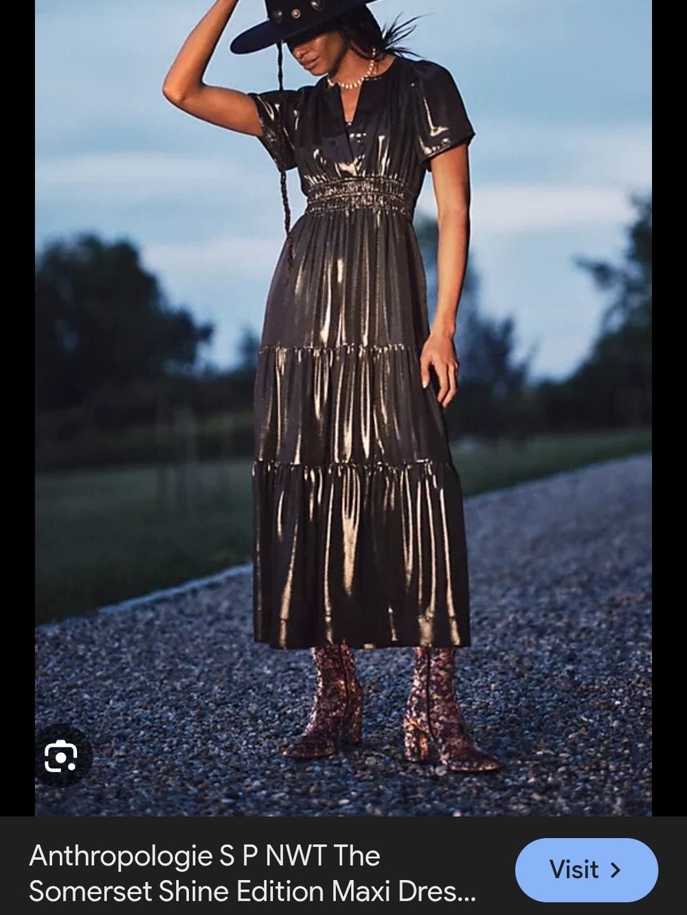 Anthropologie Metallic Black Tiered Shine Maxi Dress With Pockets
